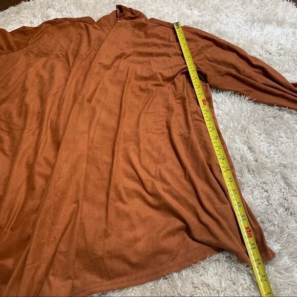 LANALEE faux suede camel coloured open front asymmetrical cardigan sweater Sz L - Picture 7 of 9
